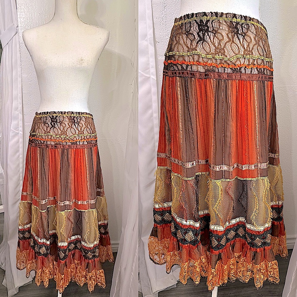 🤎🧡 Bohemian Orange brown Midi Maxi Festival boho Skirt size Small - Picture 2 of 11